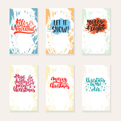 Set of 6 Christmas and New Year greeting cards with hand drawn brush lettering and sketch elements. Holiday invitation.
