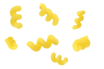 Cellentani pasta falling isolated on white background