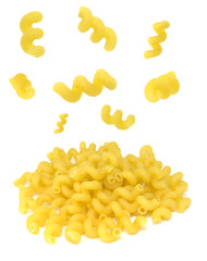 Cellentani pasta flying isolated on white background