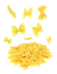 Farfalle pasta flying, isolated on white background