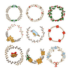 Hand drawn Christmas wreaths. Vecor set cute decorative wreaths and round frames for holidays