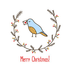 Christmas wreath with bird holding letter. Cute hand drawn Christmas wreath