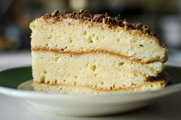 a piece of homemade biscuit cakewith chocolate sprinkles closeup