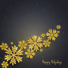 Vector Christmas New Year greeting card with sparkling glitter golden textured snowflakes. Seasonal holidays background