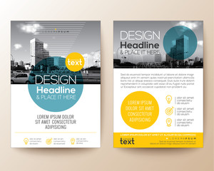 poster flyer pamphlet brochure cover design layout with circle shape graphic elements and space for photo background, blue and yellow color scheme, vector template in A4 size - obrazy, fototapety, plakaty