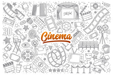Fototapeta premium Hand drawn set of cinema doodles with orange lettering in vector