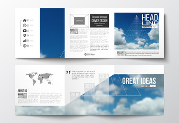 Set of tri-fold brochures, square design templates. Beautiful blue sky, abstract geometric background with white clouds, leaflet cover, business layout, vector illustration.