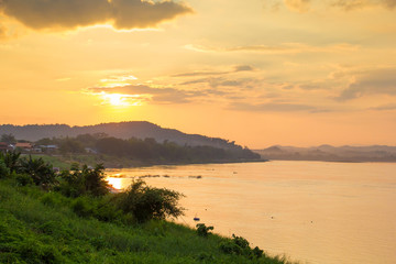 Lanscape view of sunset at Khong river, the Thai-Laos border at Chaingkhan distric, Thailand