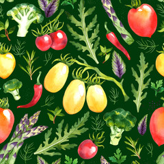 Seamless pattern with watercolor vegetables on green background