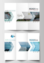Tri-fold brochure business templates on both sides. Flat design blue color travel decoration layout, easy editable vector template, colorful blurred natural landscape.