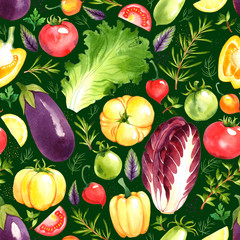 Panele Szklane Podświetlane  Wzór z warzywami akwarela na zielonym tle