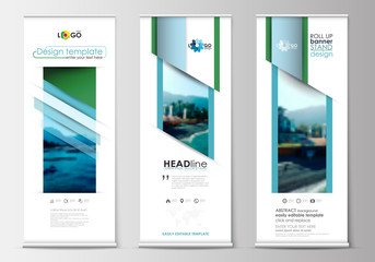 Roll up banner stands, flat design, abstract geometric templates, modern business layouts, corporate vertical vector flyers. Blue color travel decoration, easy editable, colorful natural landscape.