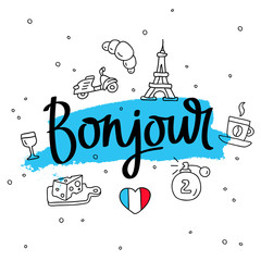 Bonjour. Word hello in French. Fashionable calligraphy. © chekart