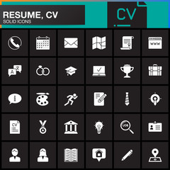 Vector icons set for Resume or CV. Modern solid symbol collection, filled pictogram pack isolated on black, logo illustration