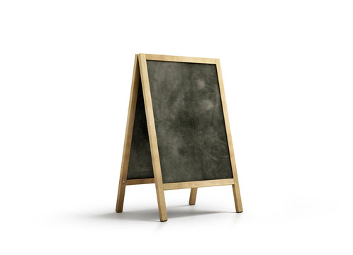 Blank chalk board street stand mockup, isolated, 3d rendering. Clear outdoor signage with blackboard mock up. A-board with wooden frame template. Cafe or restaurant welcome easel. Pavement menu rack