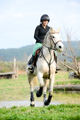 beautiful young woman riding horse and training for jump hurdle equitation competition outdoor