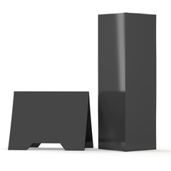 Black paper triangle tent cards. 3d render illustration isolated. Table cards mock up on white background.