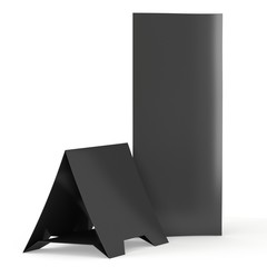 Black paper triangle tent cards. 3d render illustration isolated. Table cards mock up on white background.