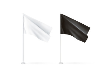 Blank black and white flag mockup set, waving, 3d rendnering. Clear rippled flagpole design mock up isolated. Pole with banner on wind. Business branding cloth pennon. Clean pillar logo presentation.