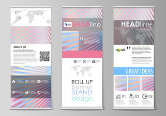 Roll up banner stands, abstract geometric style templates, corporate vertical vector flyers, flag layouts. Sweet pink and blue decoration, pretty romantic design, cute candy background.