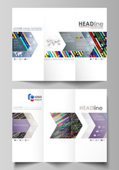 Tri-fold brochure business templates on both sides. Easy editable vector layout in flat design. Colorful background made of stripes. Abstract tubes and dots. Glowing multicolored texture.