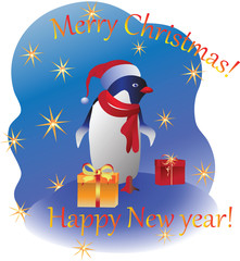 Penguin with gifts. Vector image. Design a Christmas card, banner, poster, invitations.