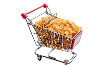 shopping trolley with crispy cornflakes, isolated on white