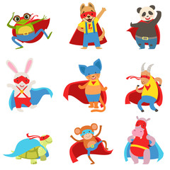 Fototapeta na wymiar Animals Dressed As Superheroes With Capes And Masks Set