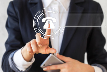 Ringing classic telephone. Ringer. Call us icon template. Banner, mockup. Businessman with a smartphone in hand clicks on retro phone icon. Template support and connection to insert text. Service.