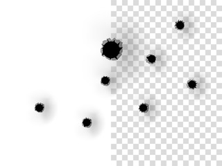 realistic bullet holes from a firearm in a metal plate on transparent background,texture design concept
