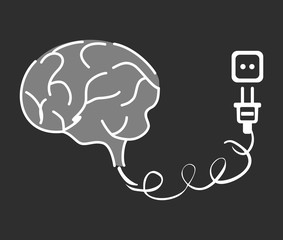 Think design with human brain connected to electrical outlet on solid black background. Vector Illustration.