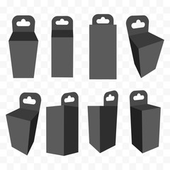 Black paper hanging box set. Packaging container with hanging hole. Mock up template. Vector illustration on transparent background.
