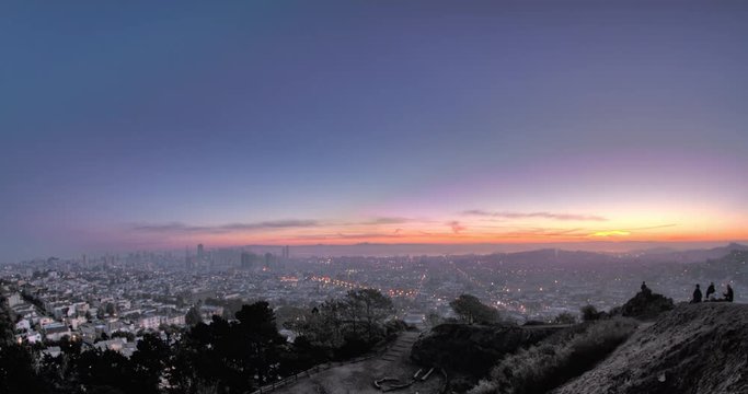 Urban Smog Winter Sunrise. Gritty Humid Panoramic San Francisco City View.