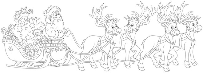 The night before Christmas, Santa Claus with a big bag of Christmas presents in his sleigh with reindeers beginning the magic journey round the world