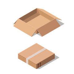Closed and open cardboard box isolated on white background.