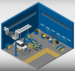 Vector isometric illustration of auto service, car lifts, wheel changer and wheel balancers. Equipment for automotive service.