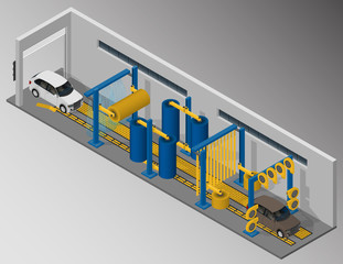 Vector isometric illustration of automatic tunnel car wash.