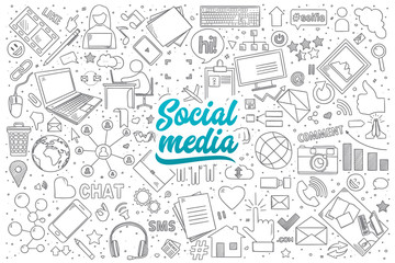 Hand drawn set of social media doodles with blue lettering in vector