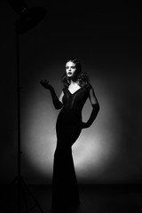 full length beauty portrait of woman in retro style. Add noise a