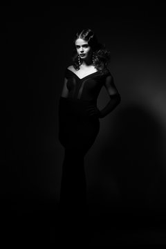 full length beauty portrait of woman in retro style. Add noise a