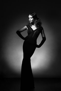 full length beauty portrait of woman in retro style. Add noise a