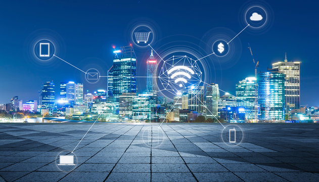 Cityscape and network mobile payments, online shopping ,icon customer network connection concept.