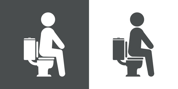 Icono plano hombre sentado en inodoro gris y blanco