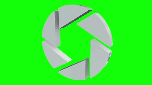 Aperture iris diaphragm logo rotate. Diaphragm like circular symbol for photography, technology logotype. Available in HD video 3d render footage. Chroma key green screen.