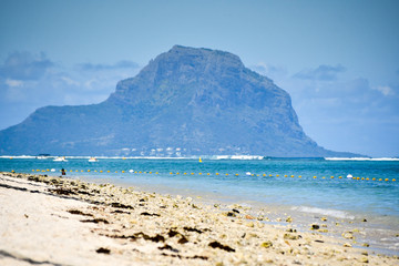 Fototapeta na wymiar Flic en Flac beach with Le Morne Brabant mountain in the distance, Mauritius