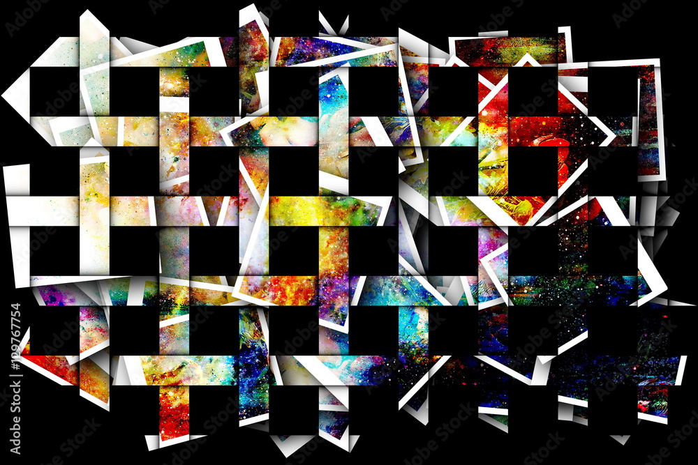 Poster mystical cosmic scenery in geometric grating structure.