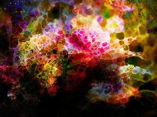 Fototapeta na wymiar abstract multicolor flower motive collage with dynamic fire effect in space.