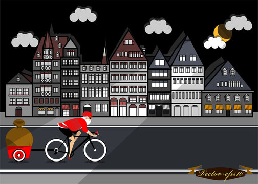 graphic design vector of santa claus cycling in the city with his gifts at night

