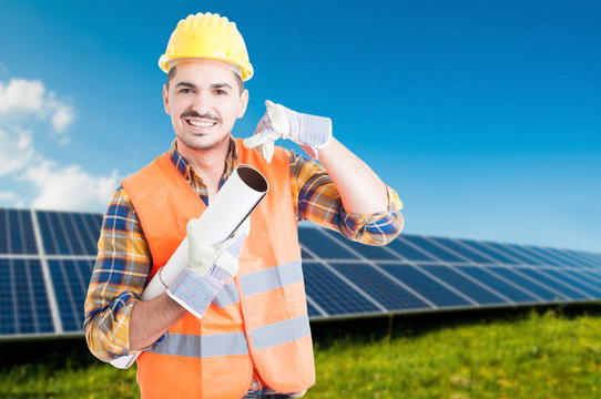 Handsome Architect With Blueptints In Photovoltaic Station