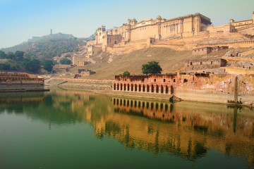 Amer fort landscape, historical architecture on the hilltop, UNESCO world heritage, Jaipur, Rajasthan, India